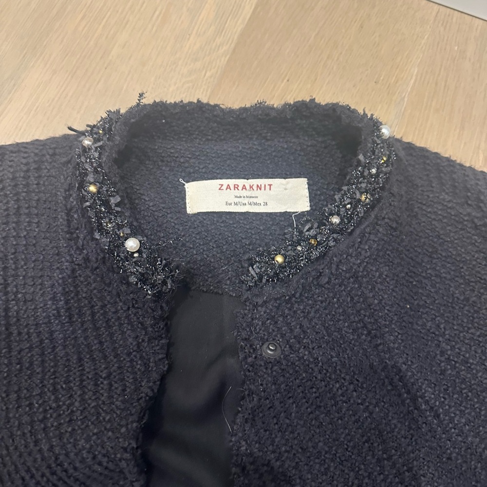 Zara Black Knit Cardigan with Embellished Neckline